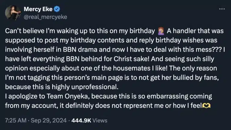 Mercy Eke apologizes on handler's behalf over Onyeka's controversial tweet 